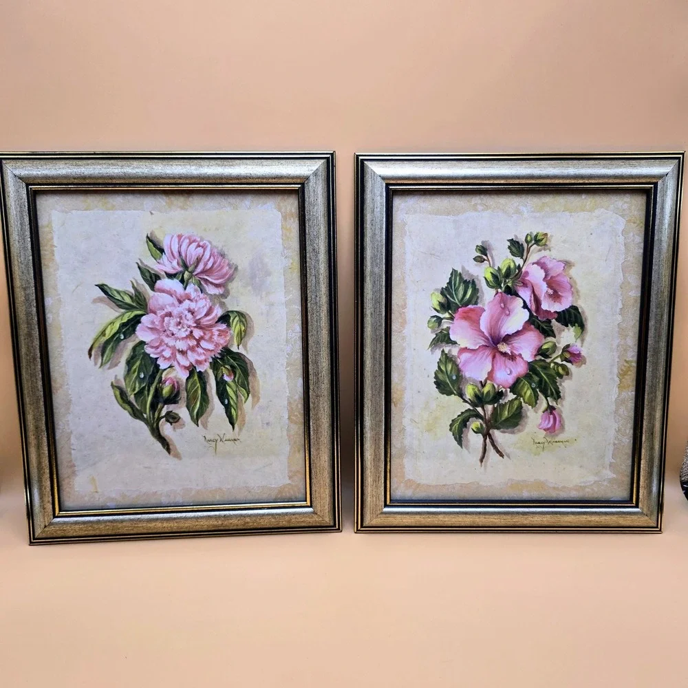 Nancy Wiseman Signed Floral Painting Pair Pink Hibiscus Peony Framed‎ Art Set 2